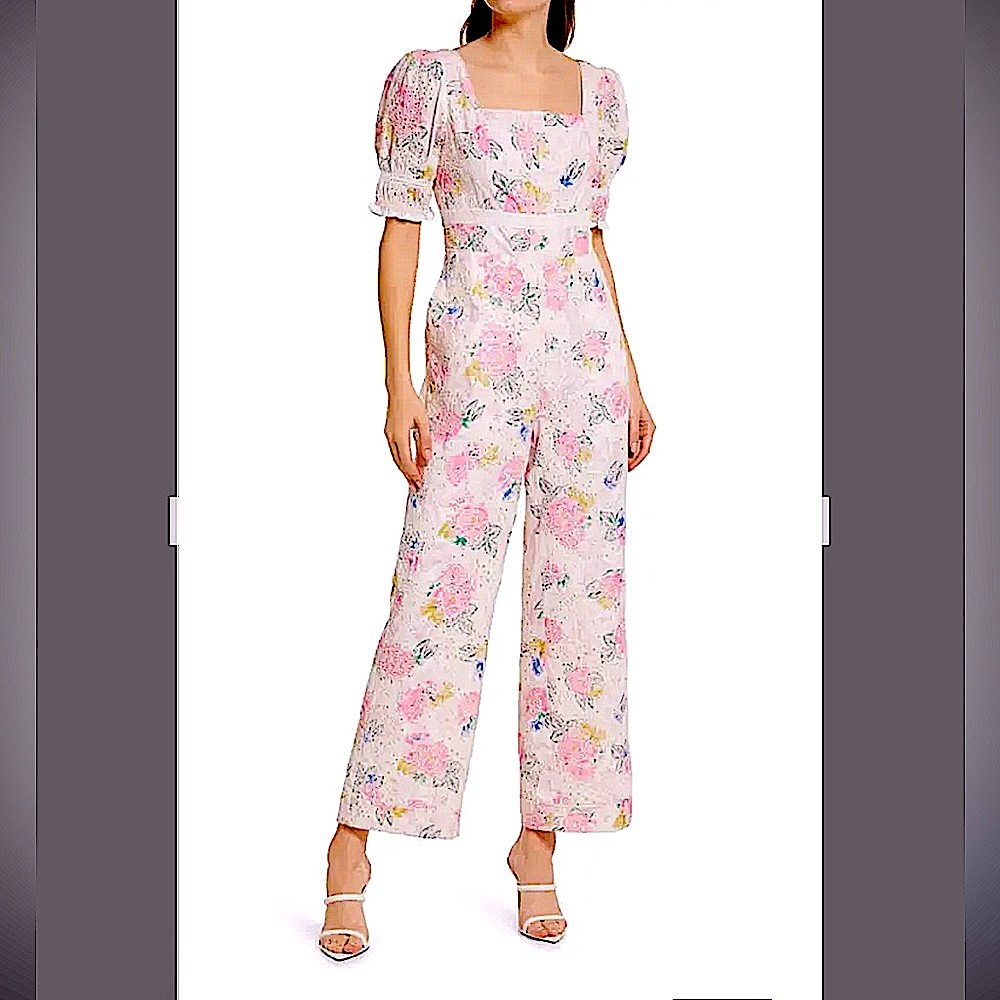 Adelyn Rae Eyelet Womens Pink Floral Puff Sleeve Smocked Wide-Leg Jumpsuit Sz XL